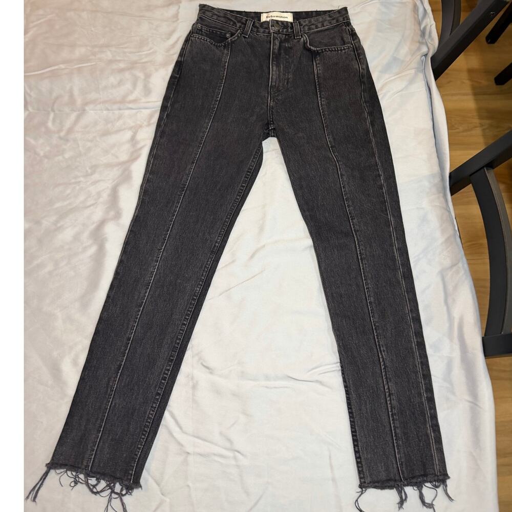 Reformation High Rise Seamed Pacific Wash Frayed Hem Black Jeans Sz 26